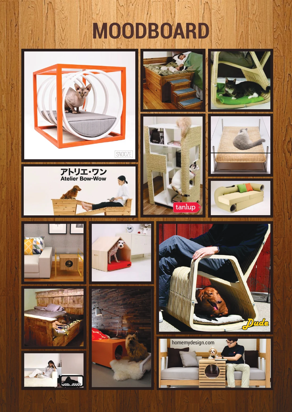 Moodboard de referências de mobiliário para pets e tutores