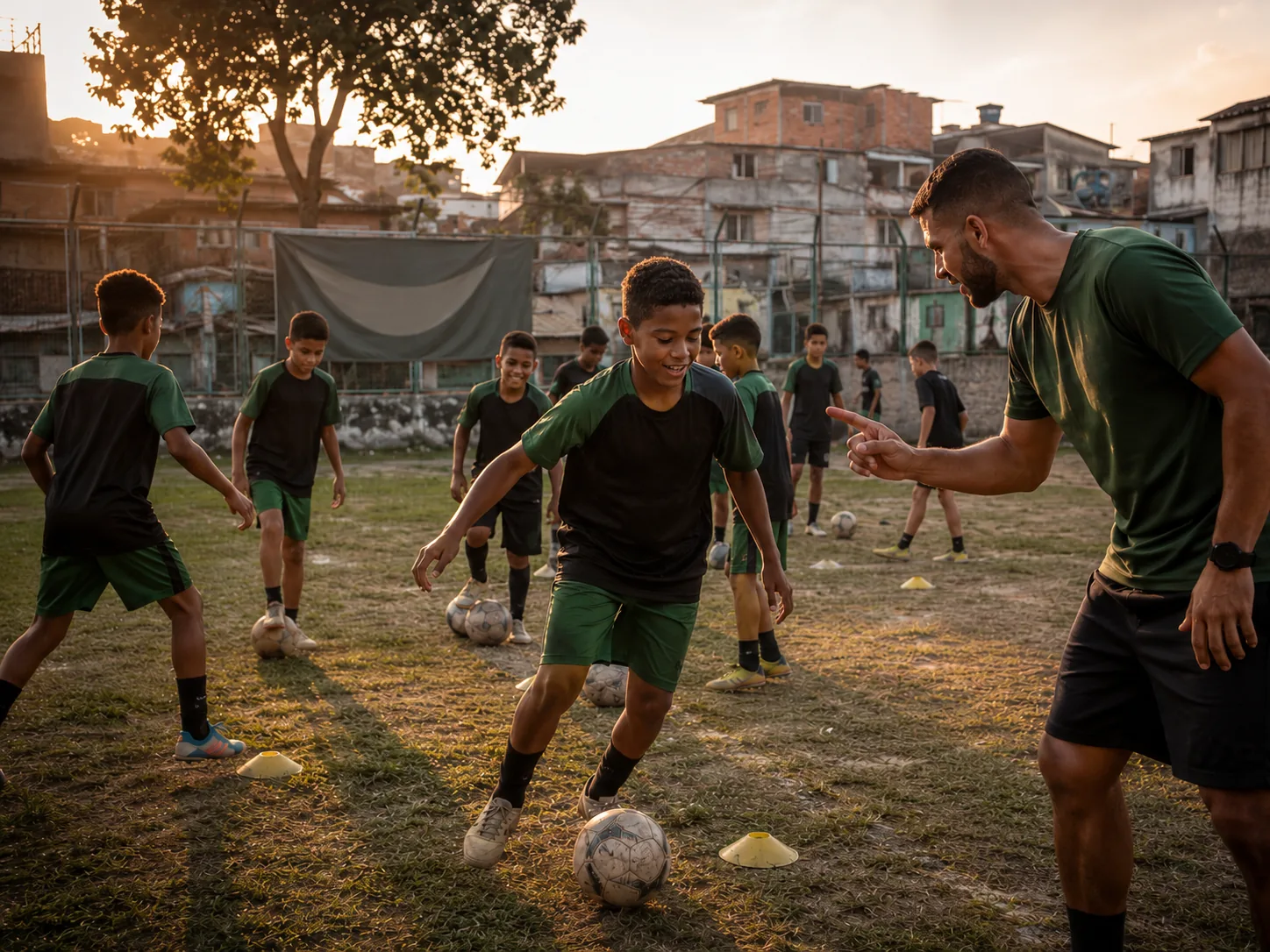Jovens praticando futebol juntos no campo